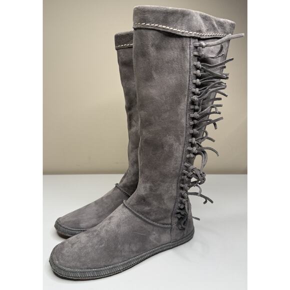 UGG Mammoth Moccasin Knee High Boot Womens 8 Grey Suede Side Zip Fringe - Picture 3 of 11